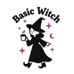 Illustration of a basic witch in black robes holding coffee surrounded by stars and a crescent moon design