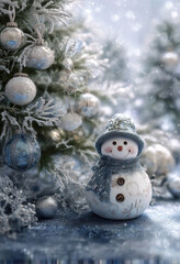 Obraz premium Christmas Snowman with Silver - Blue Ornaments and Frosty Pine Tree · Winter Festive Scene