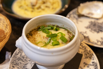 Close-up of French Onion Soup in Paris, Classic French Cuisine