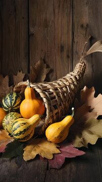 Rustic autumn cornucopia with colorful gourds and oak leaves on wooden table, warm sunlight creating soft shadows and cozy fall atmosphere, Thanksgiving harvest decoration symbolizing abundance