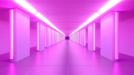 Futuristic hallway with vibrant pink lighting, sleek walls glowing with neon, inviting atmosphere for modern creativity.
