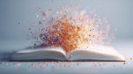 Open book with exploding particles symbolizing knowledge and education
