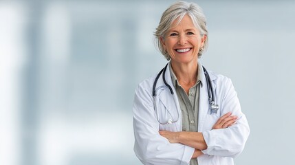 Confident senior female doctor with stethoscope smiling and standing with folded arms in bright modern hospital corridor