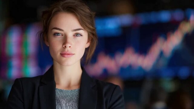 Confident Visionary: A poised professional woman embodies business acumen and focus against the backdrop of financial markets, showcasing unwavering resolve and determination.