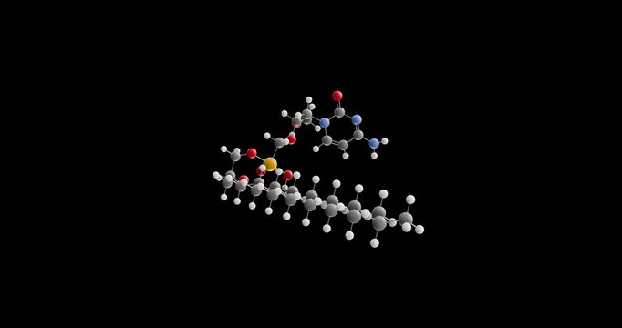 Brincidofovir molecule, rotating 3D model of antiviral, looped video on a black background
