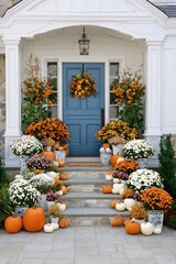 Fototapeta premium Autumn home entrance decorated with pumpkins flowers and wreath in warm fall colors creating cozy seasonal atmosphere