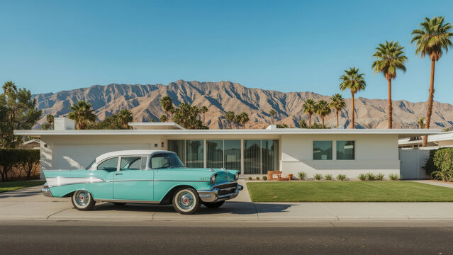 Aqua 1957 Chevrolet Bel Air Parked in Front of a Modern Palm Springs Home