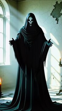 Dark beauty model with black hood and red eyes a mysterious fashion portrait of a gothic vampire man in the woods ghost in black outfit 