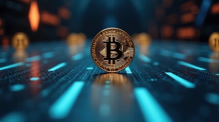 Golden bitcoin cryptocurrency coin centered on futuristic digital network background