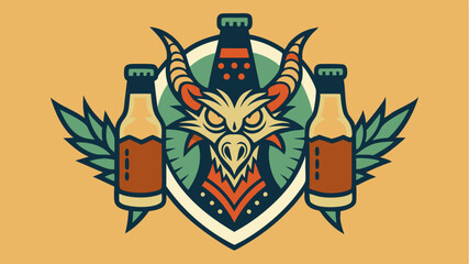 Obraz premium A classic ale bottle with intricate label art showcasing a mythical creature holding two mugs of beer.