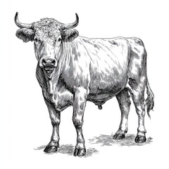 Engraving sketch of standing bull with detailed horns and textured fur in vintage livestock illustration