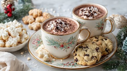 Christmas hot chocolate with whipped cream and chocolate chips served with cookies on festive table