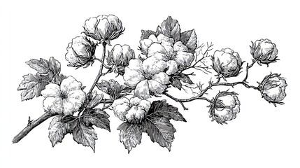 Vintage engraving sketch illustration of cotton plant branch with fluffy bolls and detailed leaves