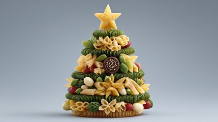 Creative christmas tree made of pasta with star on top and colorful decorations on gray background