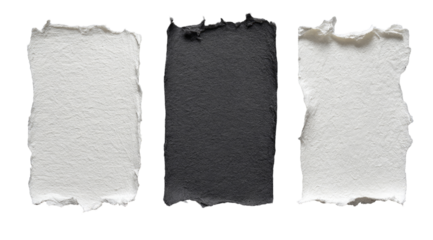 Three textured paper rectangles, white, black, white