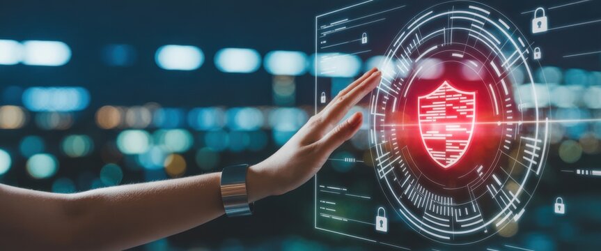 Digital Fortress: A person's hand interacting with a digital interface, illuminating a virtual shield, symbolizing digital security, and the protection of crucial data within the virtual world. - Powered by Adobe