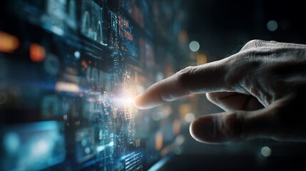 Closeup of a human finger touching a futuristic digital interface with glowing data streams and abstract technology elements in a dark environment