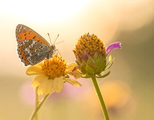Obraz premium Butterfly on flower at sunrise. Soft sunlight bathes a butterfly, wings patterned gray and orange, perched on a cluster of vibrant yellow flowers. Blurred background suggests a field of wildflowers