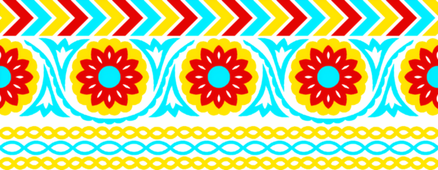 Vibrant floral border pattern with geometric accents in red yellow and cyan hues
