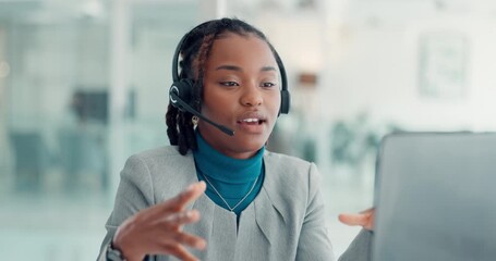Black woman, consultant or customer service with headset in office for online advice in call center. Female person, agent or talking with mic for virtual assistance, desktop support or help at desk - Powered by Adobe