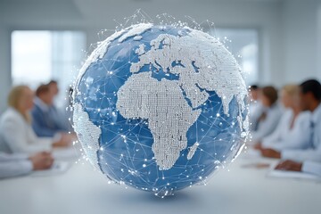 a group of business people in an office meeting room, with a digital globe and network connections to the world floating above them, with a meeting room background.