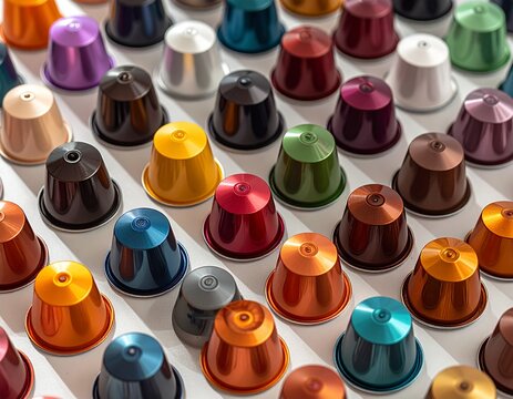Assorted coffee pods in vibrant colors – modern caffeine lifestyle and espresso art