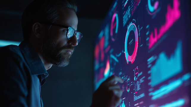 Creative agency professional reviewing holographic display of audience segmentation and campaign results