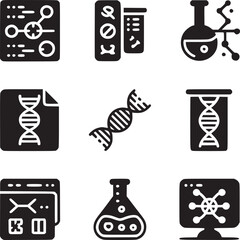 Collection of science and biology icons featuring dna strands and laboratory equipment in black silhouette