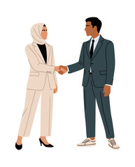 Flat vector illustration of a stylish Arab woman in modern hijab and beige suit shaking hands with a man in blue suit and sneakers, isolated on transparent background
