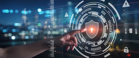 Fototapeta premium Cybersecurity Touch: A digital shield of protection illuminates as a finger makes contact, signifying the initiation of secure network safeguards and data defense. 