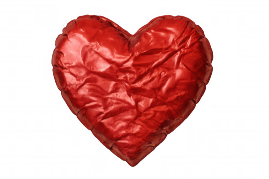 Red crumpled foil heart symbol representing broken love, heartbreak, pain, and lost romance on transparent background - Powered by Adobe