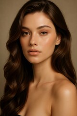Woman with long dark wavy hair showing off natural beauty and glowing skin, looking directly at viewer