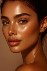 Woman posing with lustrous, well hydrated skin and subtle makeup, highlighting natural beauty and self care