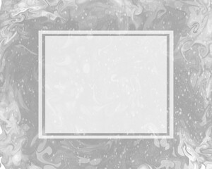 Elegant marble background with a marbling texture in shades of gray and white. A frame with copy space for text photos is placed in the center.