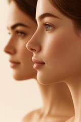Young woman's face in profile showing clean fresh skin, with a softly blurred second face mirroring her reflection