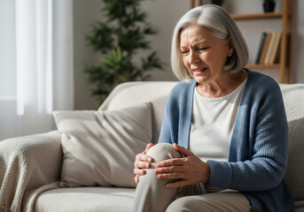 Elderly woman experiencing knee pain at home