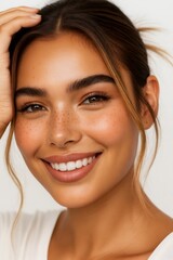 Smiling young woman with beautiful skin and natural freckles, embodying happiness and healthy beauty