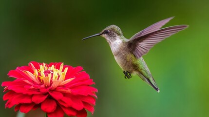 hummingbird. A hummingbird hovers near a red flower, its wings moving fast against a green background. wildlife magazines, conservation campaigns, designed for nature documentaries and education.
