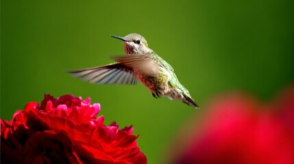 Obraz premium hummingbird. A hummingbird hovers near a red flower, its wings moving fast against a green background. wildlife magazines, conservation campaigns, designed for nature documentaries and education. 