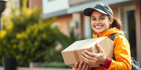 Happy courier delivering package, bright smile,   joyful,   uniform