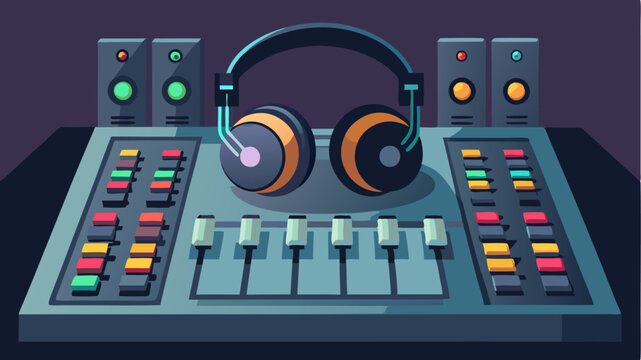 A closeup of a mixing console with illuminated buttons and sliders surrounded by headphones and various audio equipment in a dynamic sound production setting.