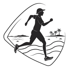 Silhouette of a person running along a beach with palm trees and ocean waves in the background