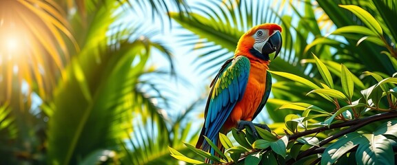 Obraz premium Vibrant macaw perched on lush tropical foliage, sunlit scene, wildlife, nature