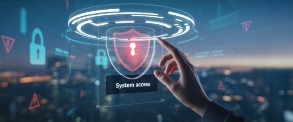Cybersecurity Access: A person interacts with a futuristic digital interface, activating a shield icon to unlock secure system access, reflecting the critical need for online data security.