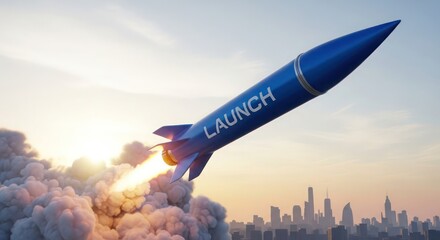 3d render, digital art, hd, high definition, detailed, sharp, cinematic, 8k, highly detailed, blue rocket, launch, sky, city skyline, sunrise, clouds, dramatic, futuristic, launch pad, smoke, flame
