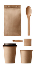 Beige paper packaging, utensils, and cups