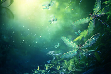 Enchanted Forest Background with Glowing Dragonflies and Copy Space