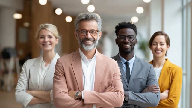 United in Vision: A confident team of diverse professionals, exuding competence and unity, stands ready to lead, embodying the essence of modern leadership and collaboration.