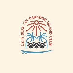 surf badge vintage design with palm, wave, sun, for tshirt branding, beachwear and other uses
