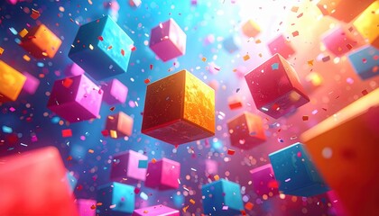 Colorful floating cubes of various hues are suspended against a vibrant, blurred background, creating a dynamic and celebratory scene filled with confetti, conveying a sense of joy and playfulness...